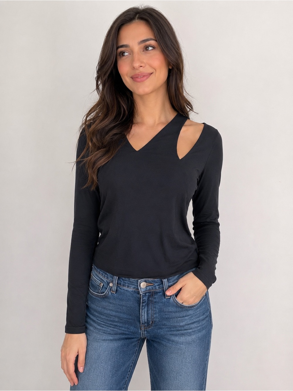 Boston Proper Black Asymmetrical Cut Out Blouse